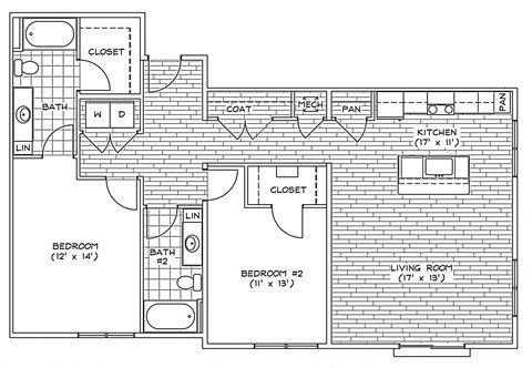 Floor plan for 2 beds, 2 baths, 1250 sqft
